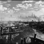 UNITED STATES. New York City. 1947. Fire in Hoboken, facing Manhattan.